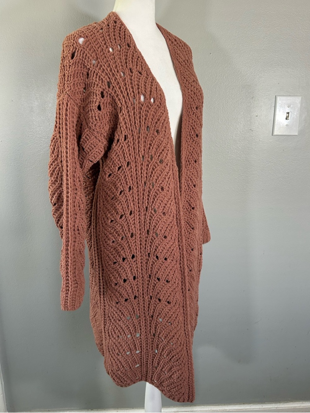 moon & madison Women’s Long Cardigan Open-Front Knit Rust Brown Boho Chunky Soft